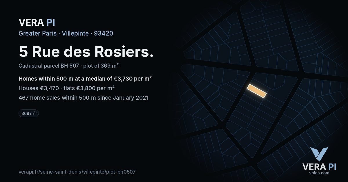 5 Rue des Rosiers, Villepinte at night – the plot lit, the parcels around coloured by the prices near them
