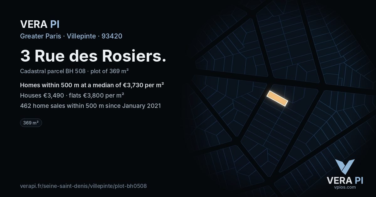 3 Rue des Rosiers, Villepinte at night – the plot lit, the parcels around coloured by the prices near them