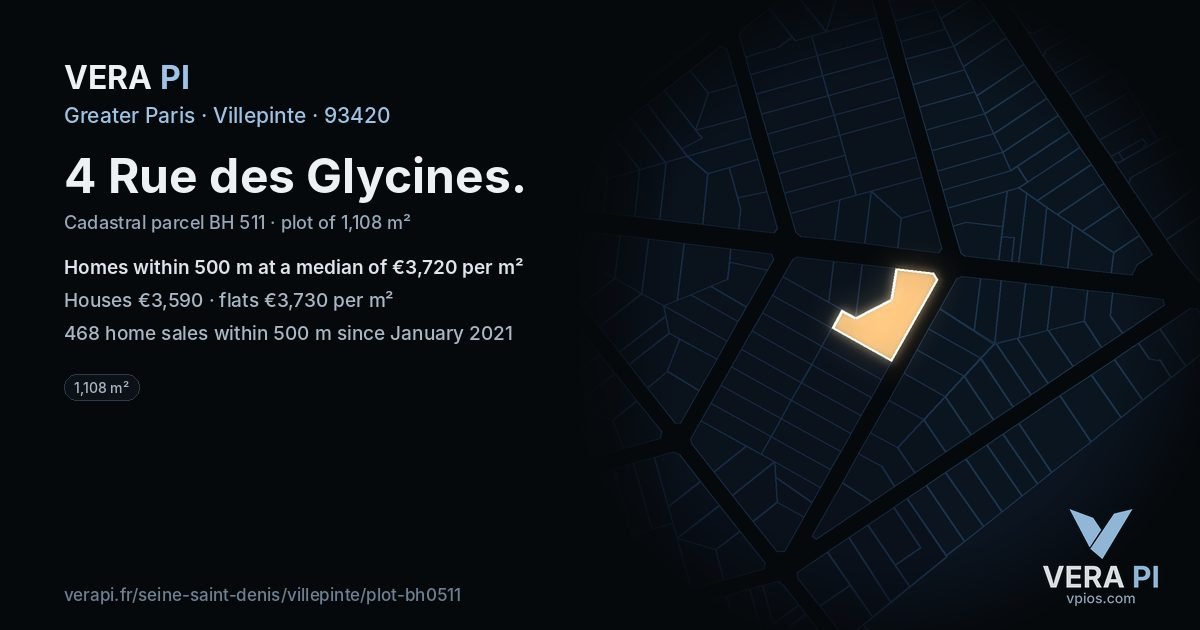 4 Rue des Glycines, Villepinte at night – the plot lit, the parcels around coloured by the prices near them