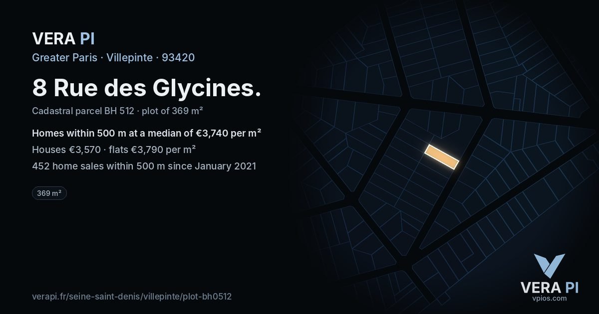 8 Rue des Glycines, Villepinte at night – the plot lit, the parcels around coloured by the prices near them
