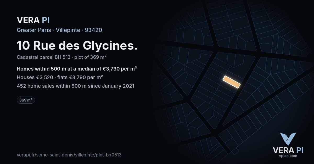10 Rue des Glycines, Villepinte at night – the plot lit, the parcels around coloured by the prices near them