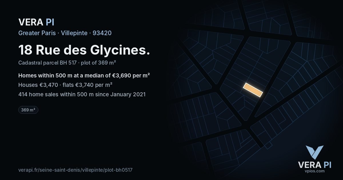 18 Rue des Glycines, Villepinte at night – the plot lit, the parcels around coloured by the prices near them