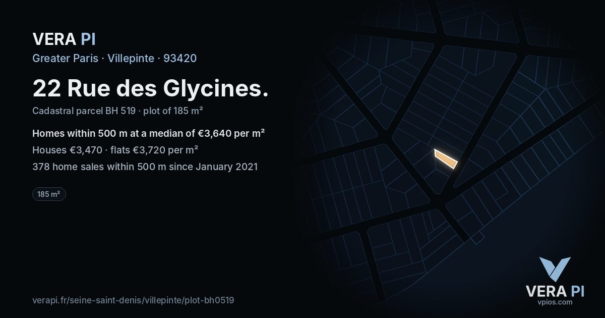 22 Rue des Glycines, Villepinte at night – the plot lit, the parcels around coloured by the prices near them