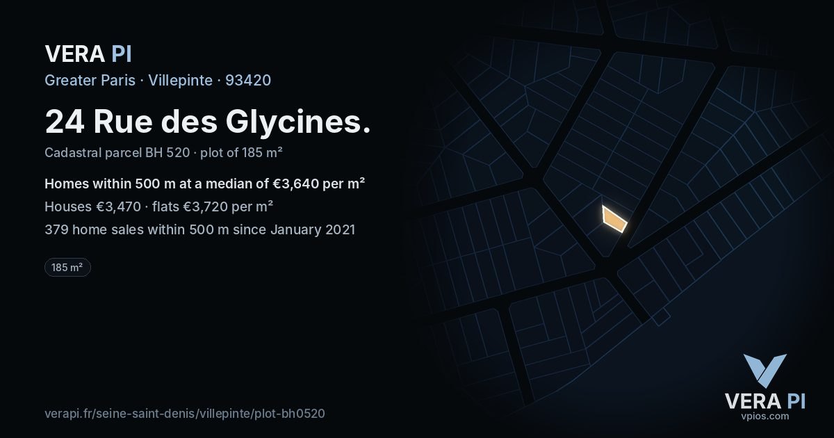 24 Rue des Glycines, Villepinte at night – the plot lit, the parcels around coloured by the prices near them