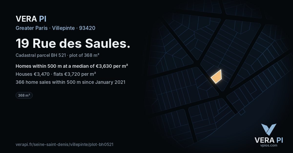 19 Rue des Saules, Villepinte at night – the plot lit, the parcels around coloured by the prices near them