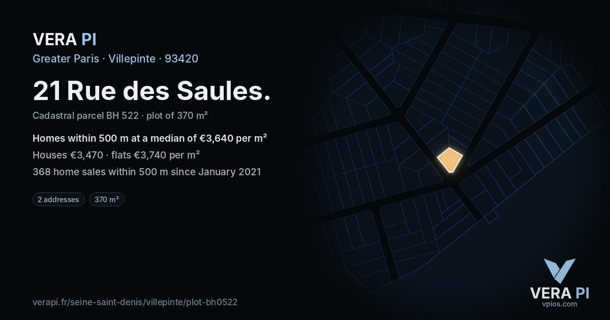 21 Rue des Saules, Villepinte at night – the plot lit, the parcels around coloured by the prices near them