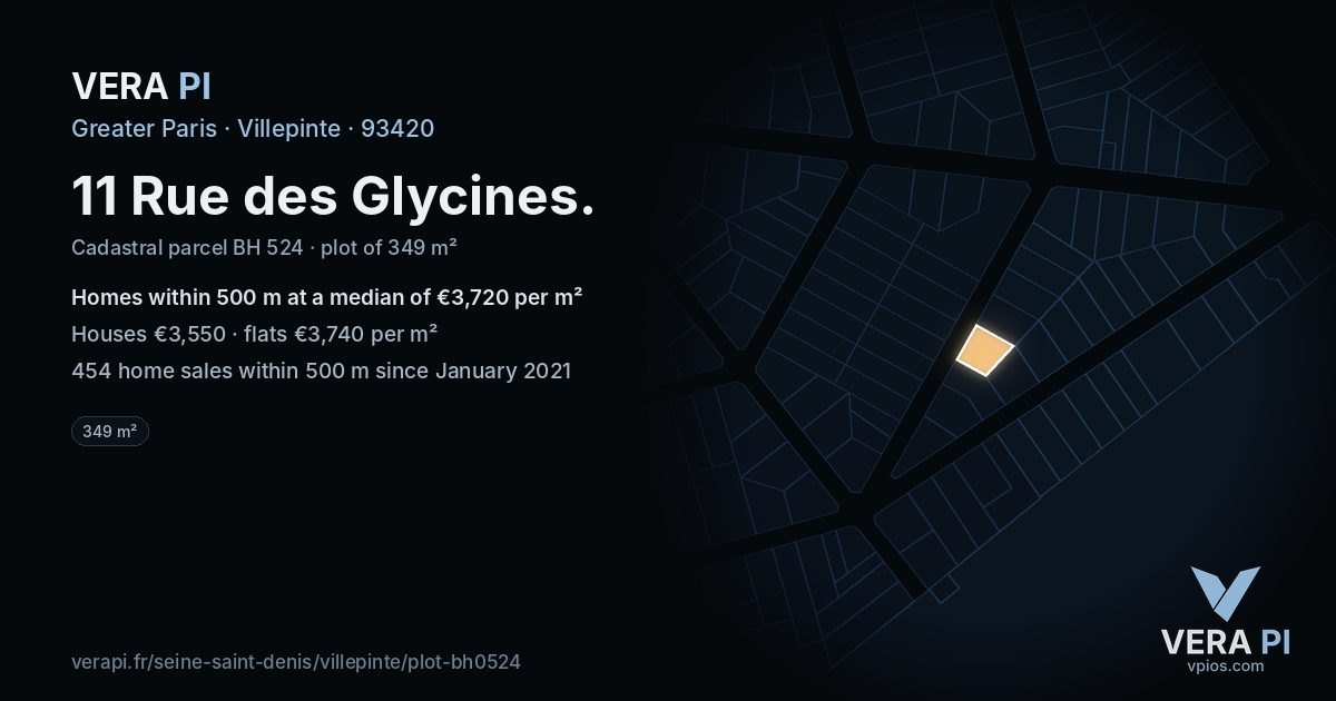 11 Rue des Glycines, Villepinte at night – the plot lit, the parcels around coloured by the prices near them