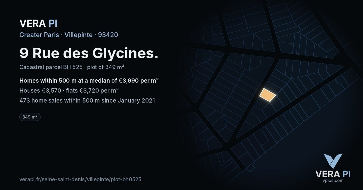 9 Rue des Glycines, Villepinte at night – the plot lit, the parcels around coloured by the prices near them