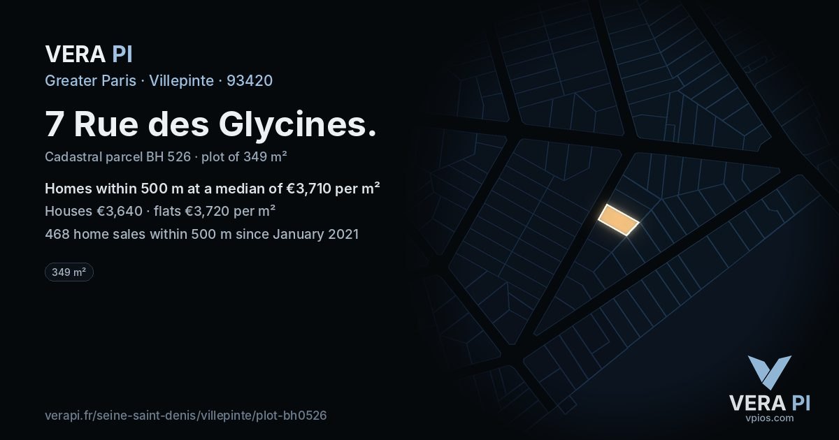 7 Rue des Glycines, Villepinte at night – the plot lit, the parcels around coloured by the prices near them