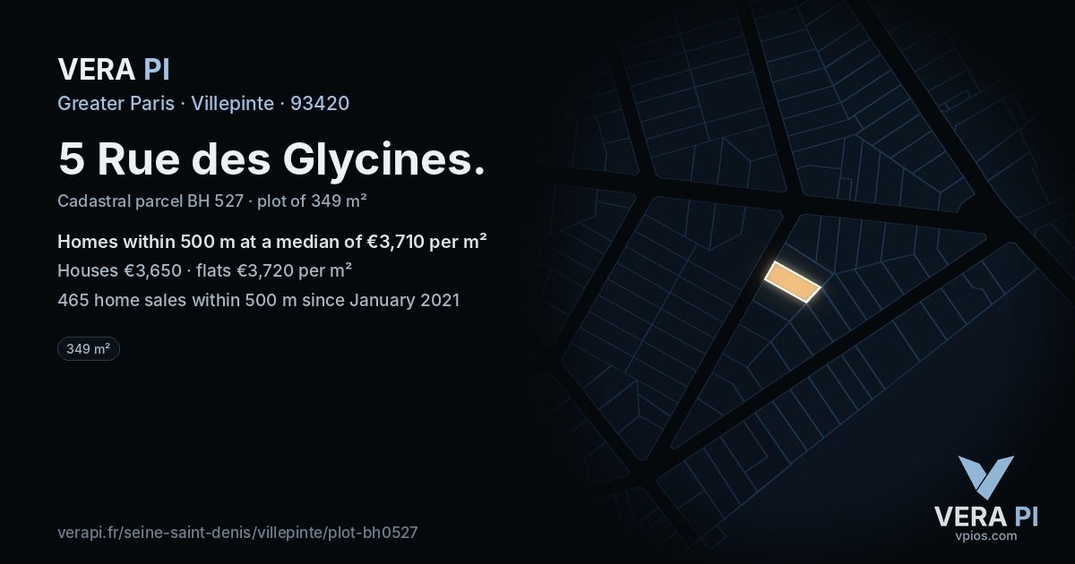 5 Rue des Glycines, Villepinte at night – the plot lit, the parcels around coloured by the prices near them