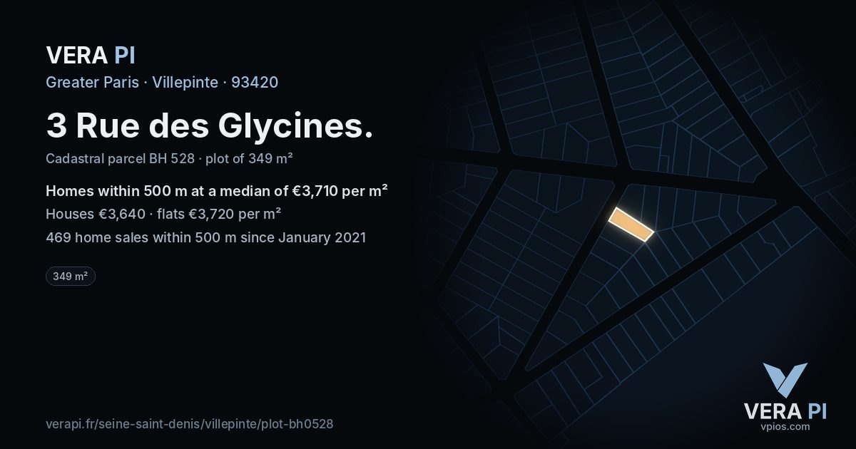 3 Rue des Glycines, Villepinte at night – the plot lit, the parcels around coloured by the prices near them