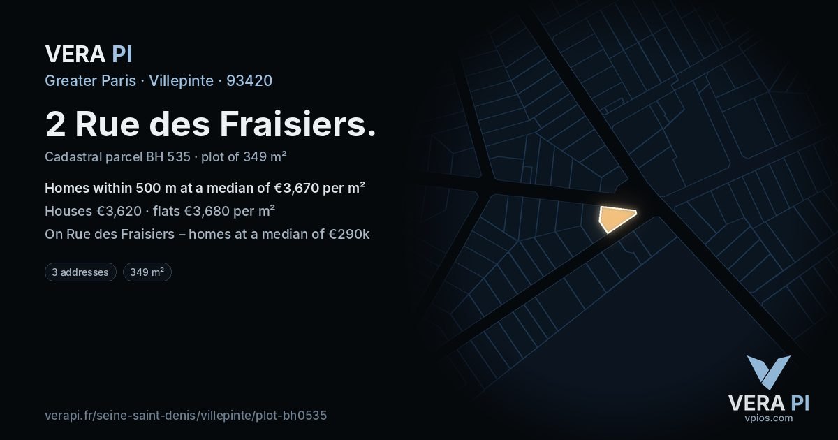 2 Rue des Fraisiers, Villepinte at night – the plot lit, the parcels around coloured by the prices near them