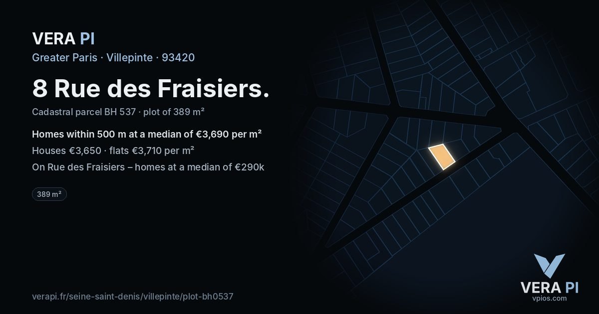 8 Rue des Fraisiers, Villepinte at night – the plot lit, the parcels around coloured by the prices near them