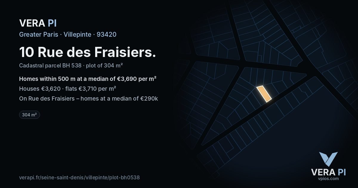 10 Rue des Fraisiers, Villepinte at night – the plot lit, the parcels around coloured by the prices near them