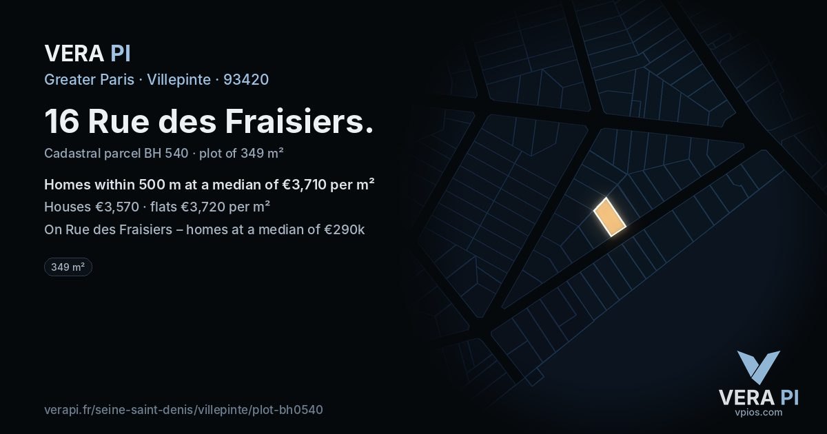 16 Rue des Fraisiers, Villepinte at night – the plot lit, the parcels around coloured by the prices near them