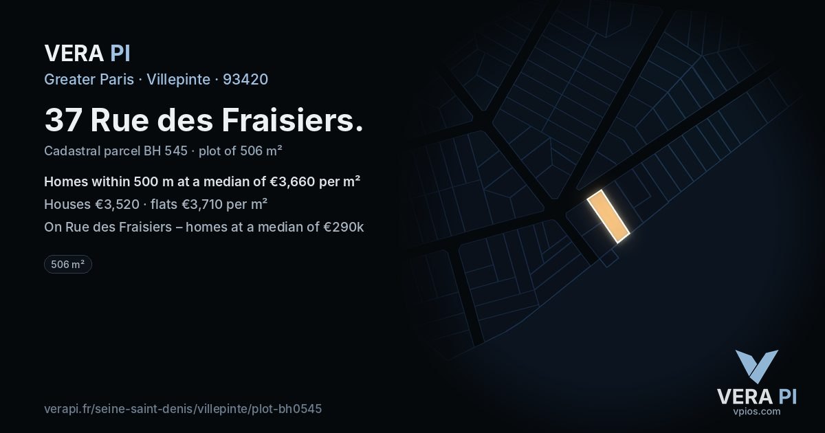 37 Rue des Fraisiers, Villepinte at night – the plot lit, the parcels around coloured by the prices near them