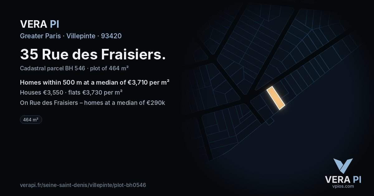 35 Rue des Fraisiers, Villepinte at night – the plot lit, the parcels around coloured by the prices near them