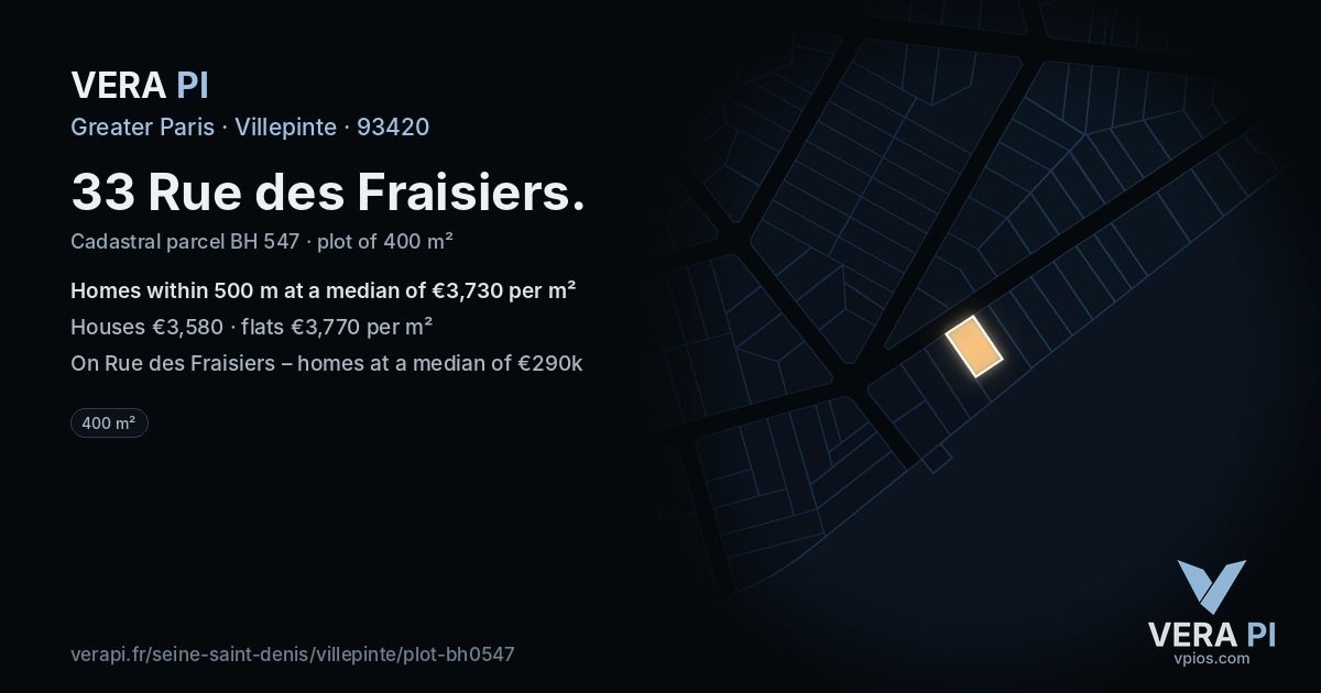 33 Rue des Fraisiers, Villepinte at night – the plot lit, the parcels around coloured by the prices near them