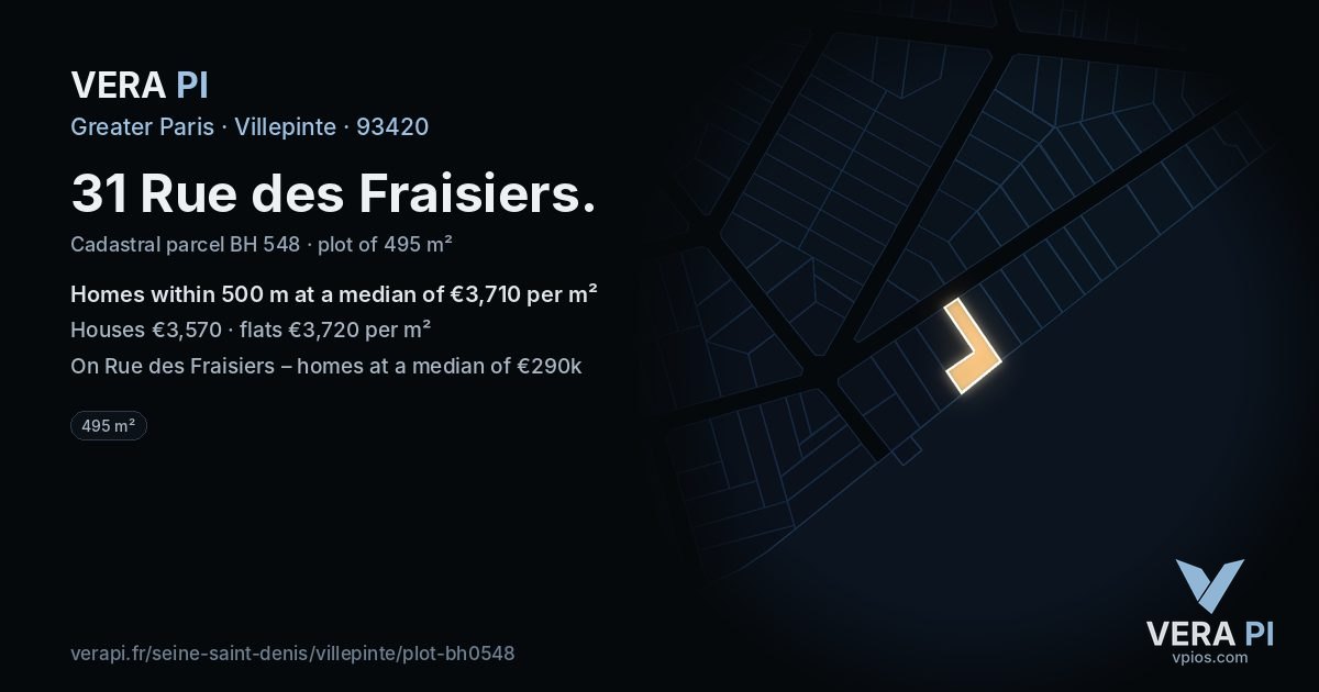31 Rue des Fraisiers, Villepinte at night – the plot lit, the parcels around coloured by the prices near them