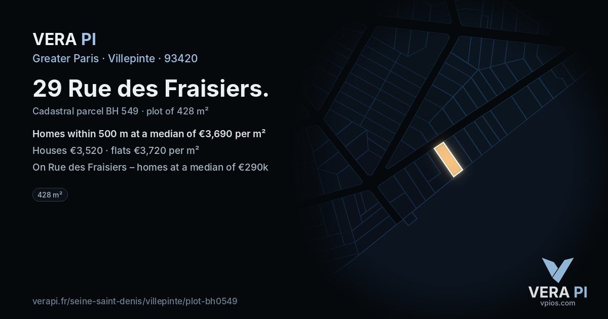 29 Rue des Fraisiers, Villepinte at night – the plot lit, the parcels around coloured by the prices near them