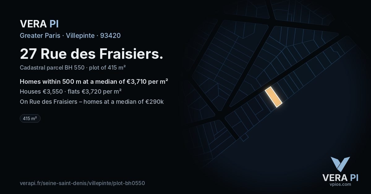 27 Rue des Fraisiers, Villepinte at night – the plot lit, the parcels around coloured by the prices near them