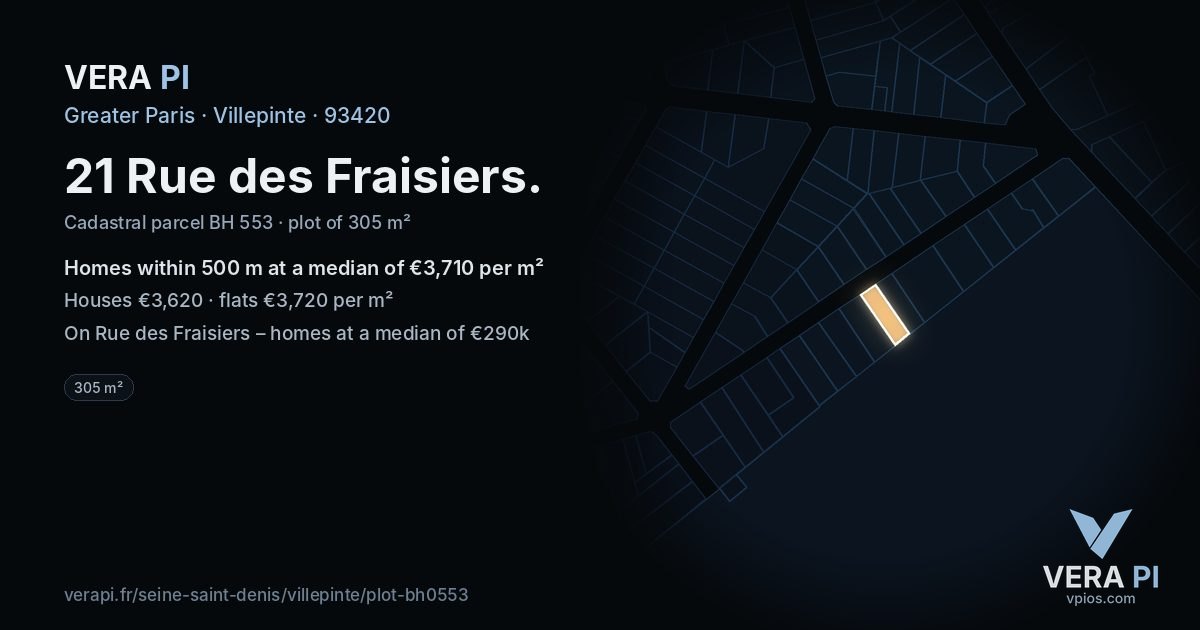 21 Rue des Fraisiers, Villepinte at night – the plot lit, the parcels around coloured by the prices near them