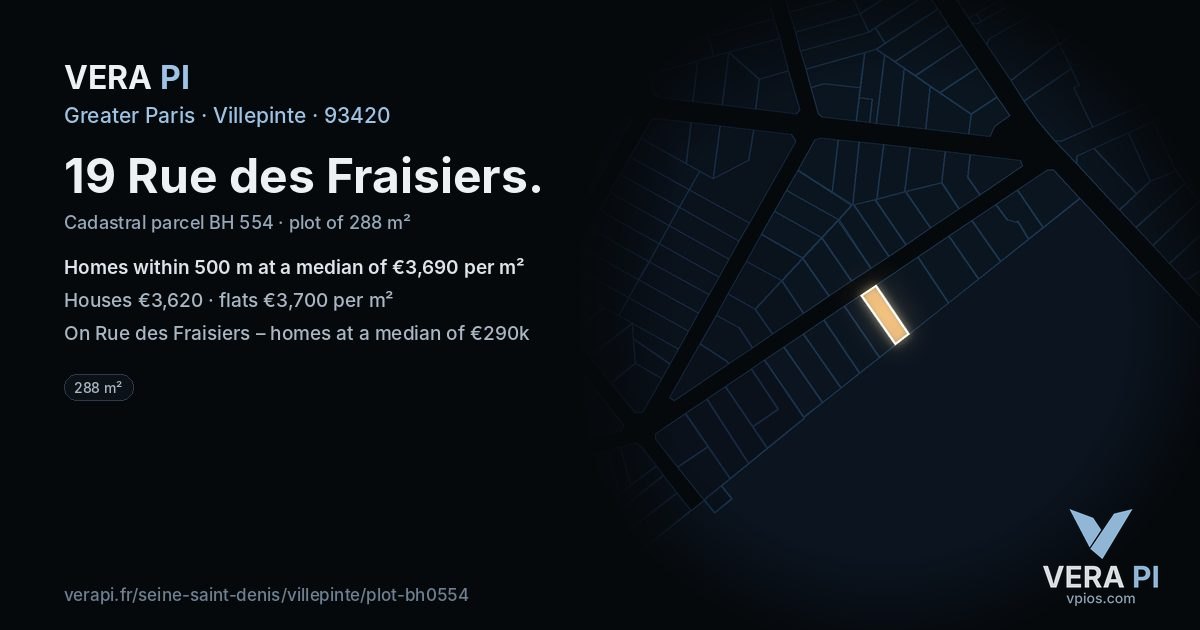 19 Rue des Fraisiers, Villepinte at night – the plot lit, the parcels around coloured by the prices near them