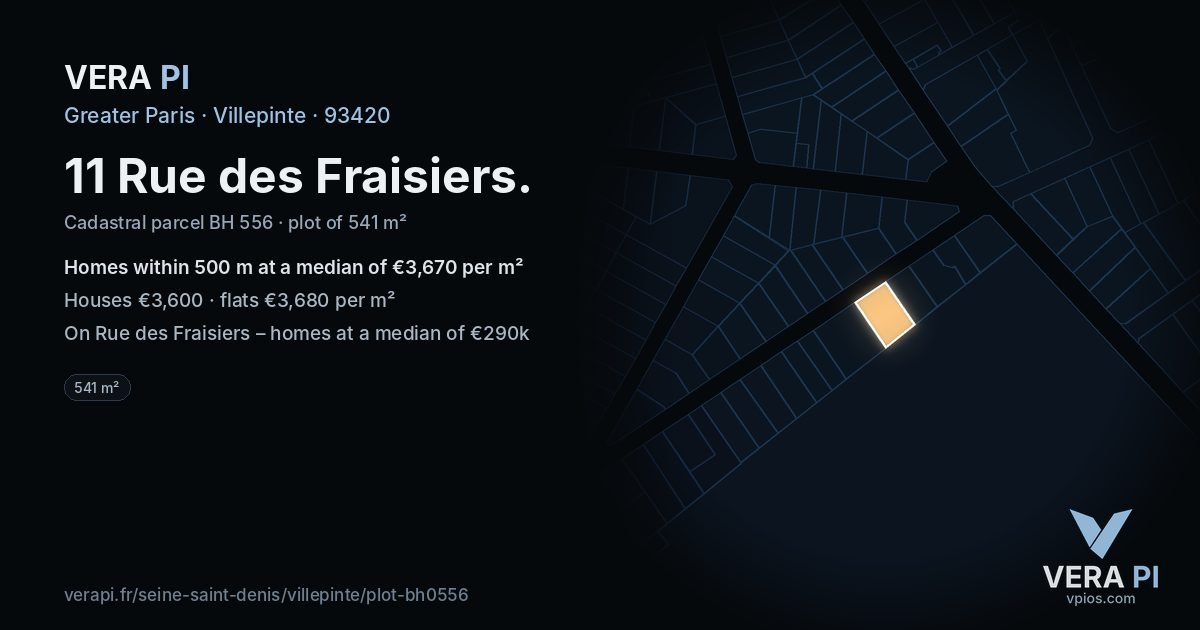 11 Rue des Fraisiers, Villepinte at night – the plot lit, the parcels around coloured by the prices near them