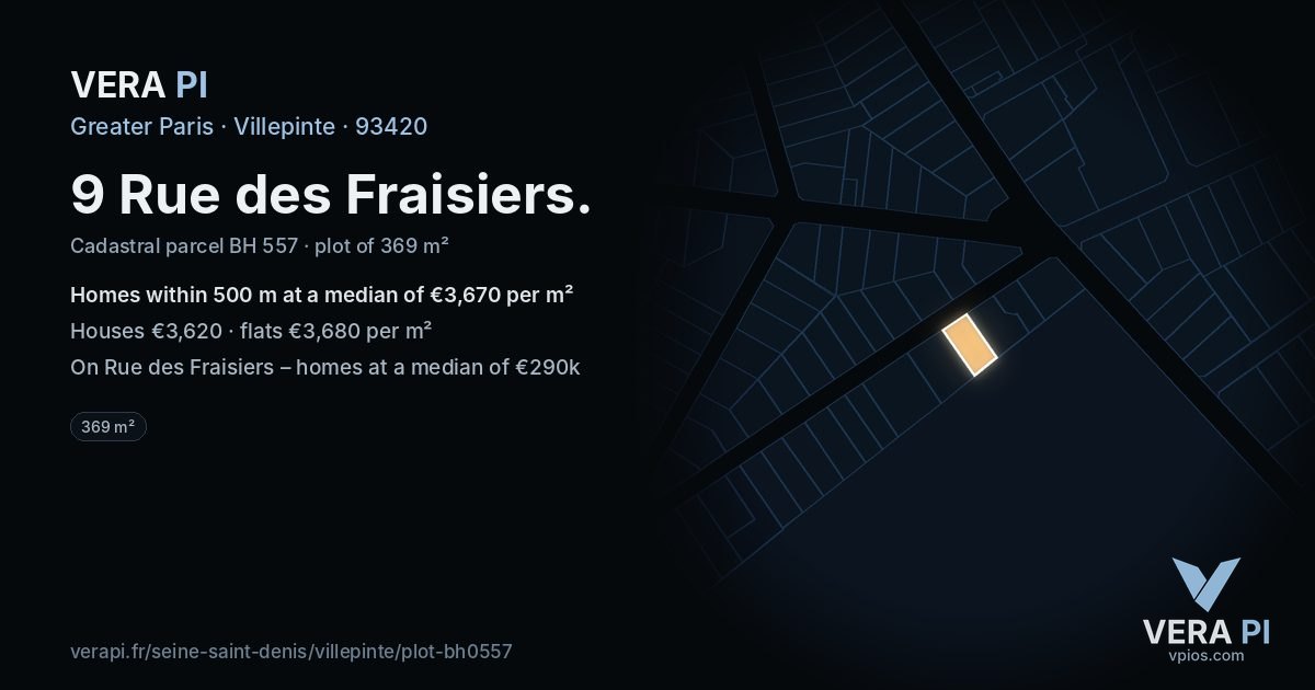 9 Rue des Fraisiers, Villepinte at night – the plot lit, the parcels around coloured by the prices near them