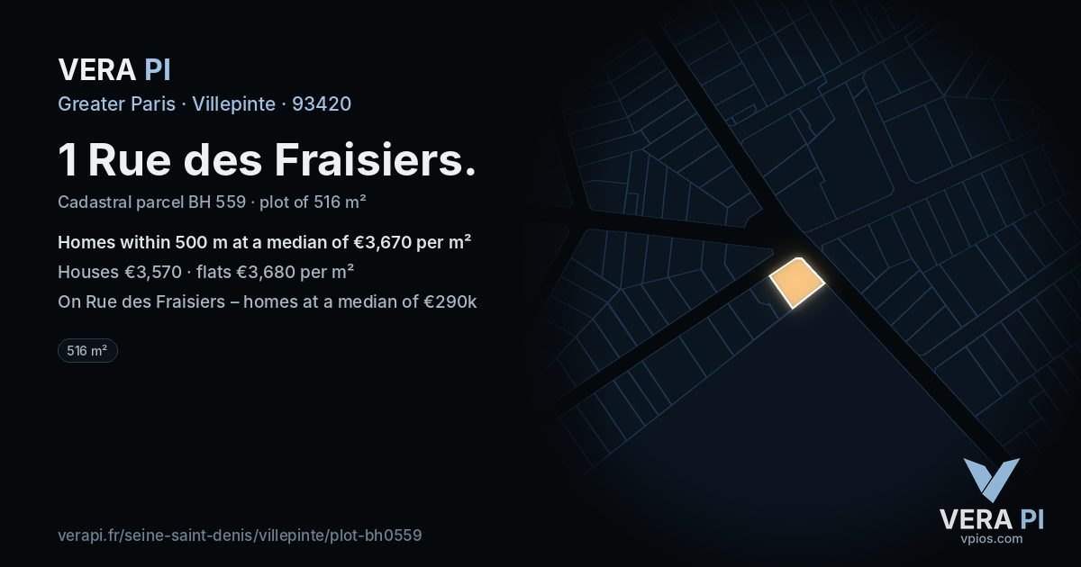 1 Rue des Fraisiers, Villepinte at night – the plot lit, the parcels around coloured by the prices near them