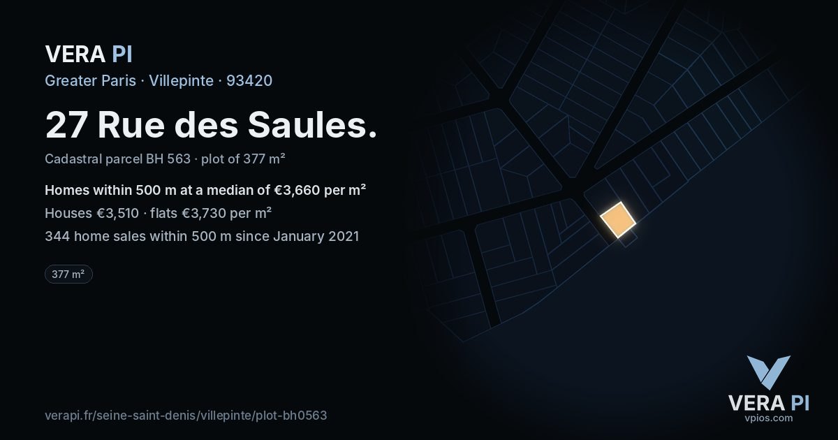 27 Rue des Saules, Villepinte at night – the plot lit, the parcels around coloured by the prices near them