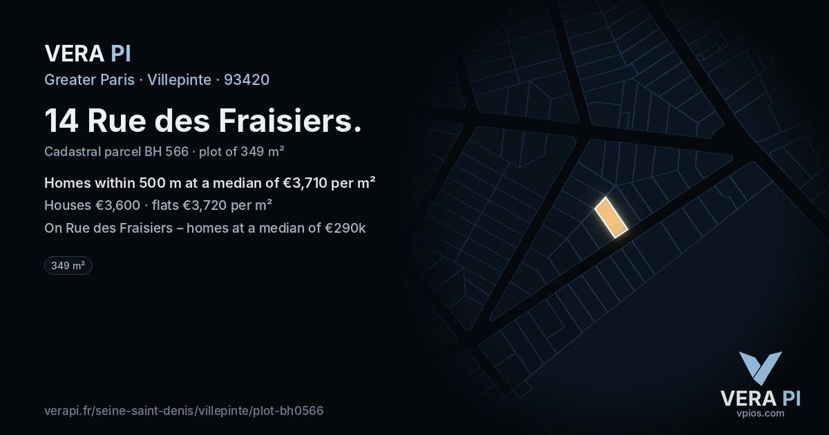 14 Rue des Fraisiers, Villepinte at night – the plot lit, the parcels around coloured by the prices near them