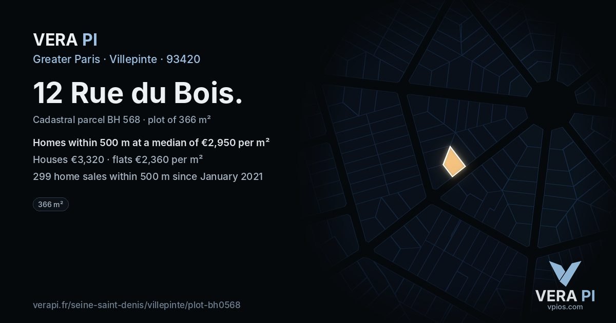 12 Rue du Bois, Villepinte at night – the plot lit, the parcels around coloured by the prices near them