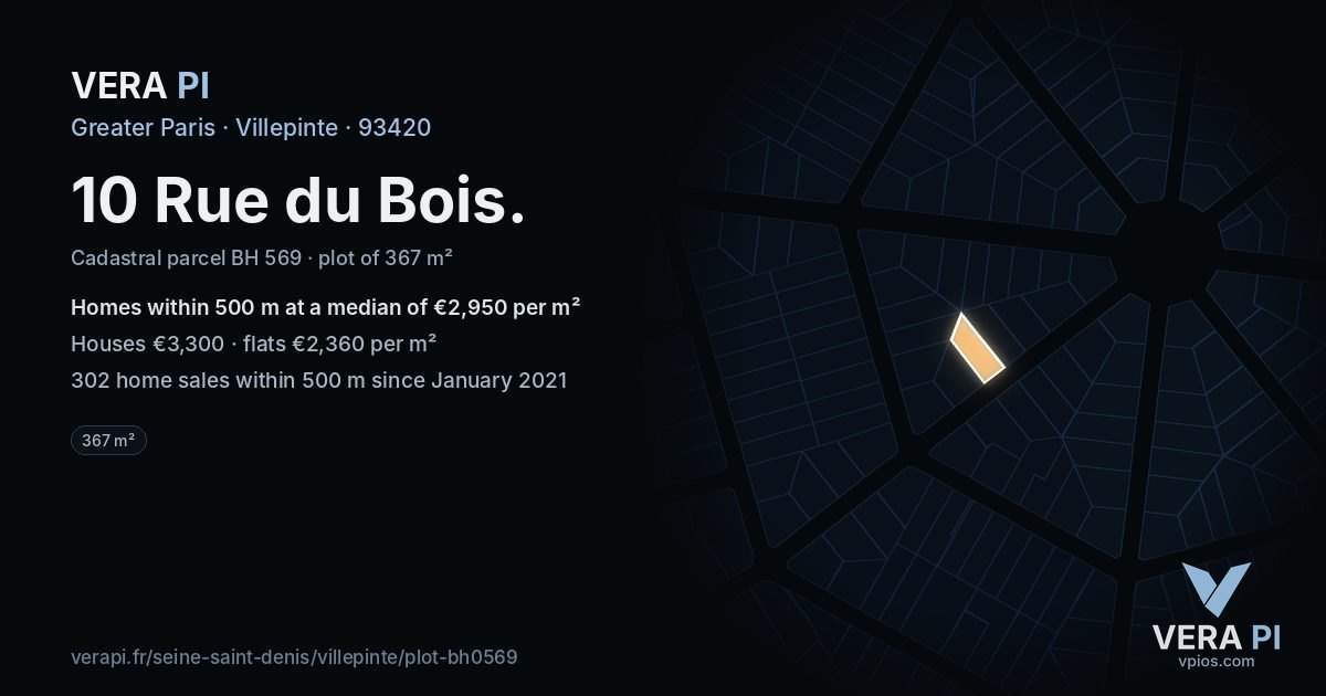 10 Rue du Bois, Villepinte at night – the plot lit, the parcels around coloured by the prices near them