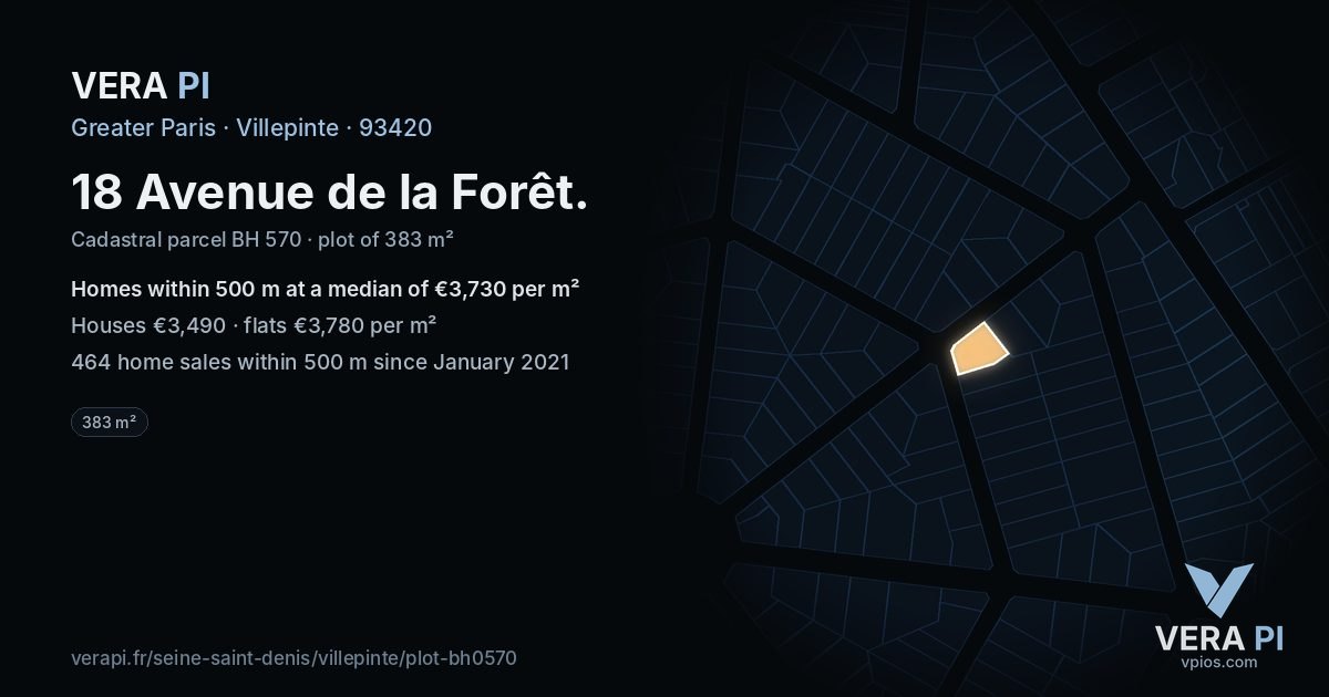 18 Avenue de la Forêt, Villepinte at night – the plot lit, the parcels around coloured by the prices near them