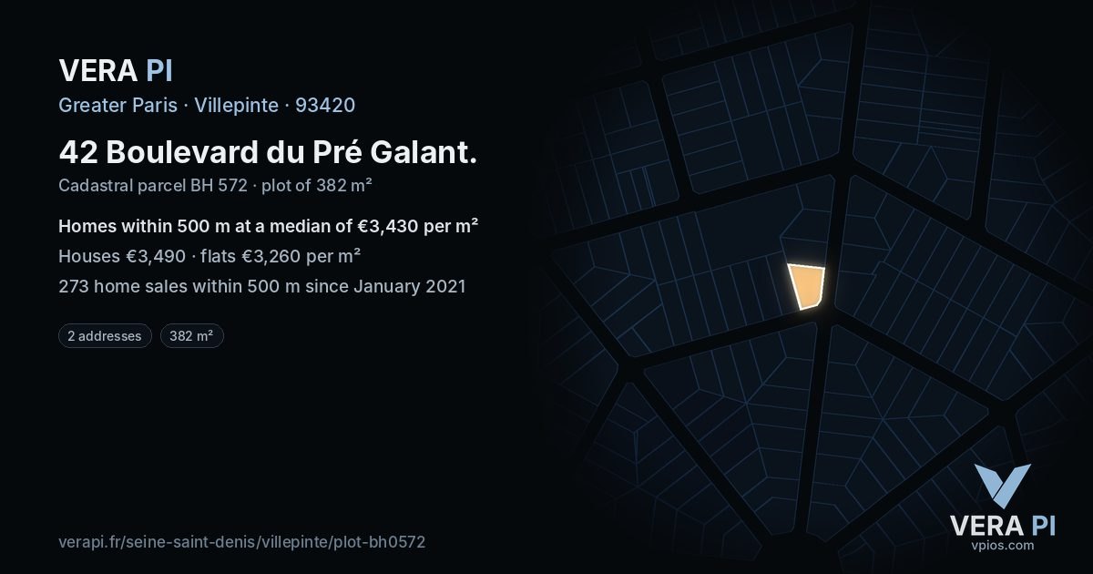 42 Boulevard du Pré Galant, Villepinte at night – the plot lit, the parcels around coloured by the prices near them