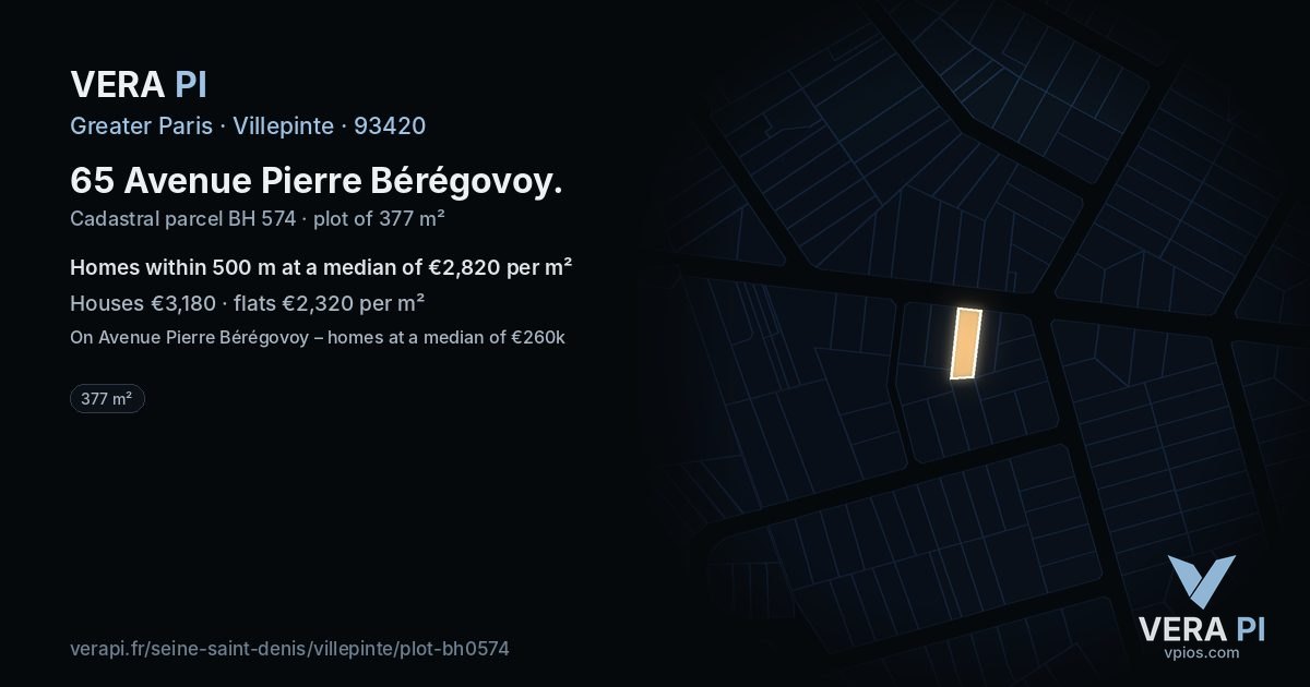 65 Avenue Pierre Bérégovoy, Villepinte at night – the plot lit, the parcels around coloured by the prices near them