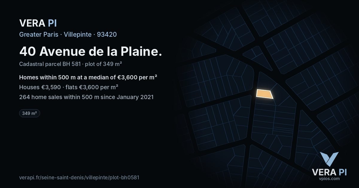 40 Avenue de la Plaine, Villepinte at night – the plot lit, the parcels around coloured by the prices near them