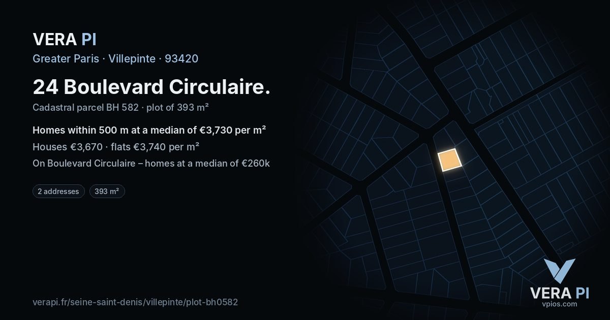 24 Boulevard Circulaire, Villepinte at night – the plot lit, the parcels around coloured by the prices near them
