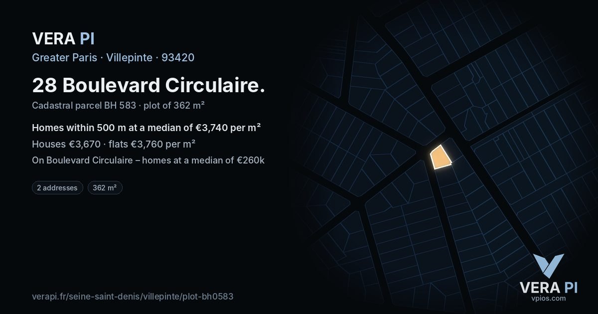 28 Boulevard Circulaire, Villepinte at night – the plot lit, the parcels around coloured by the prices near them