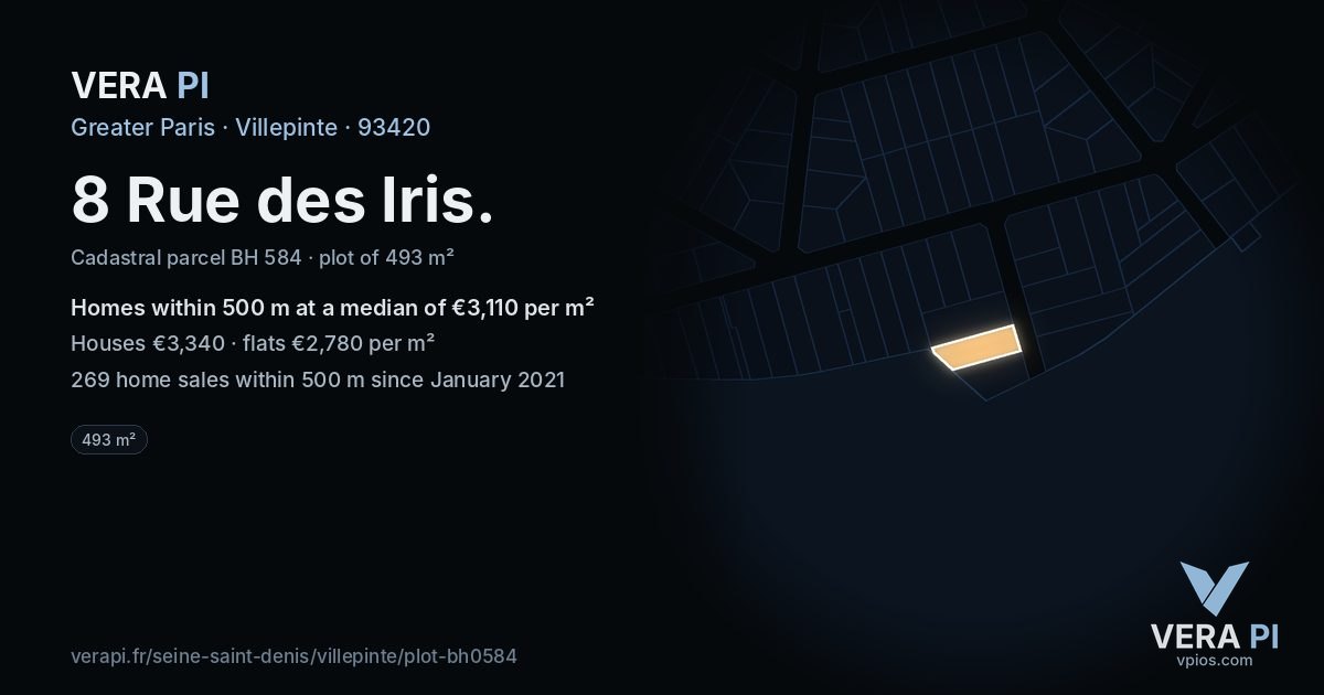 8 Rue des Iris, Villepinte at night – the plot lit, the parcels around coloured by the prices near them