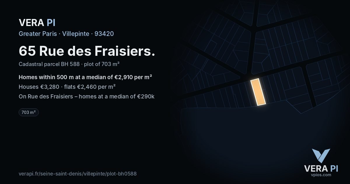 65 Rue des Fraisiers, Villepinte at night – the plot lit, the parcels around coloured by the prices near them