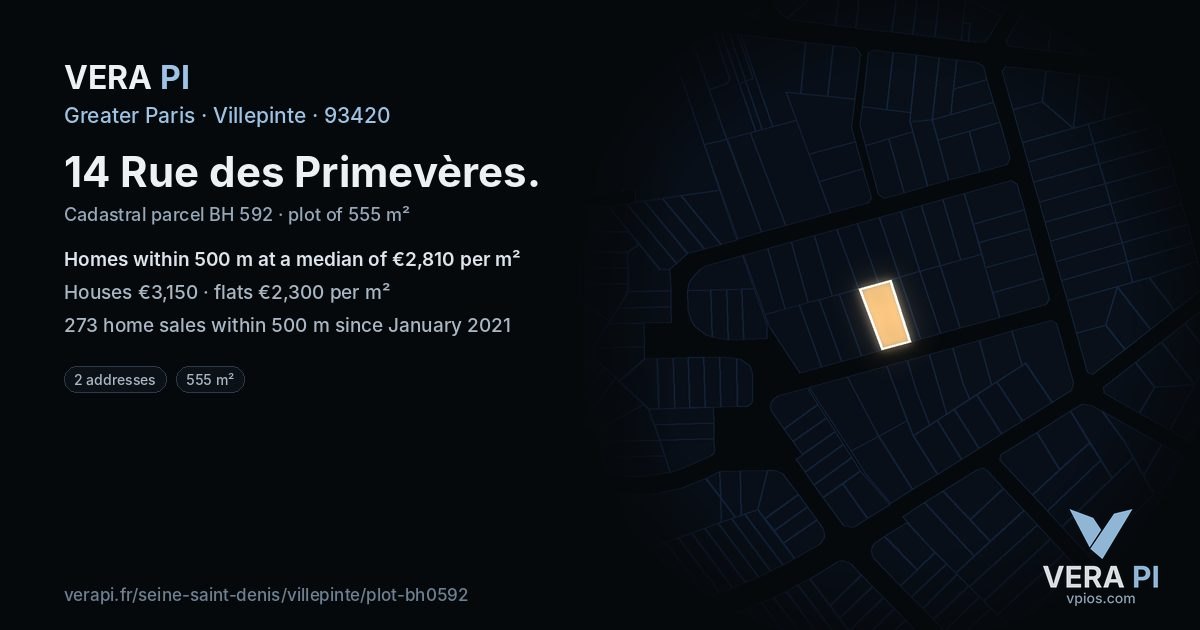 14 Rue des Primevères, Villepinte at night – the plot lit, the parcels around coloured by the prices near them