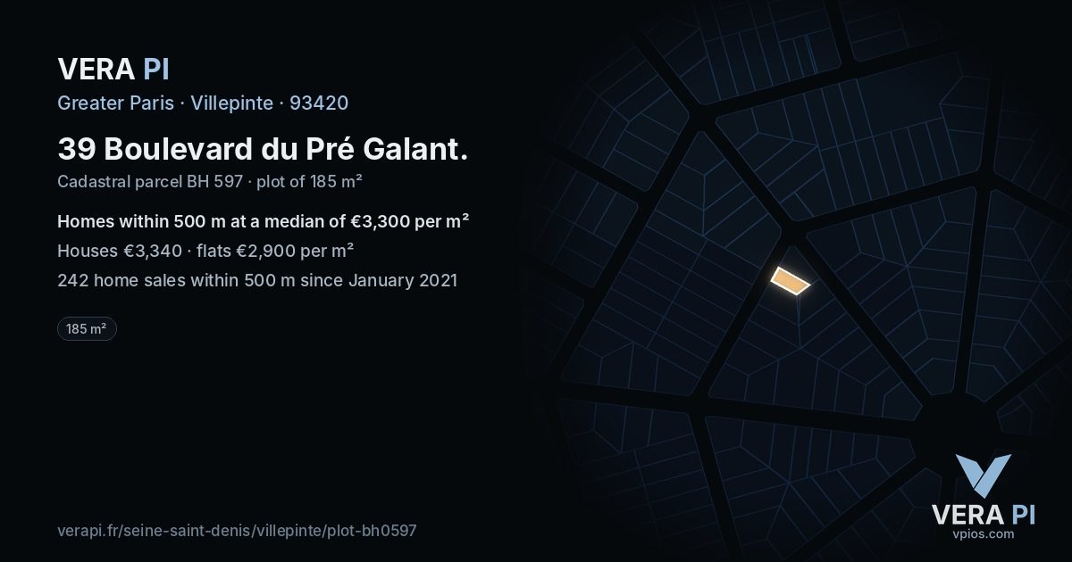 39 Boulevard du Pré Galant, Villepinte at night – the plot lit, the parcels around coloured by the prices near them