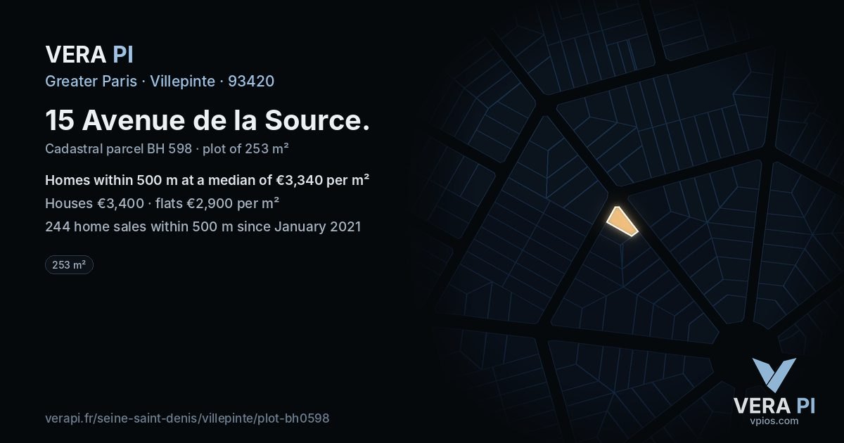 15 Avenue de la Source, Villepinte at night – the plot lit, the parcels around coloured by the prices near them