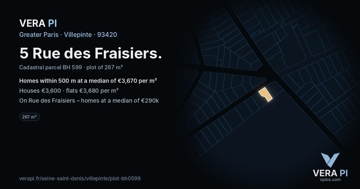 5 Rue des Fraisiers, Villepinte at night – the plot lit, the parcels around coloured by the prices near them