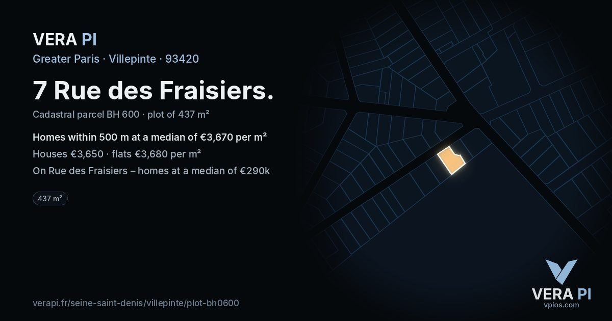 7 Rue des Fraisiers, Villepinte at night – the plot lit, the parcels around coloured by the prices near them