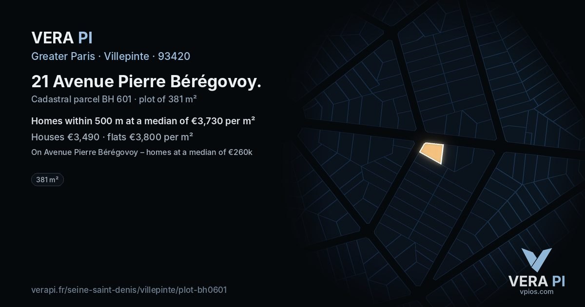 21 Avenue Pierre Bérégovoy, Villepinte at night – the plot lit, the parcels around coloured by the prices near them