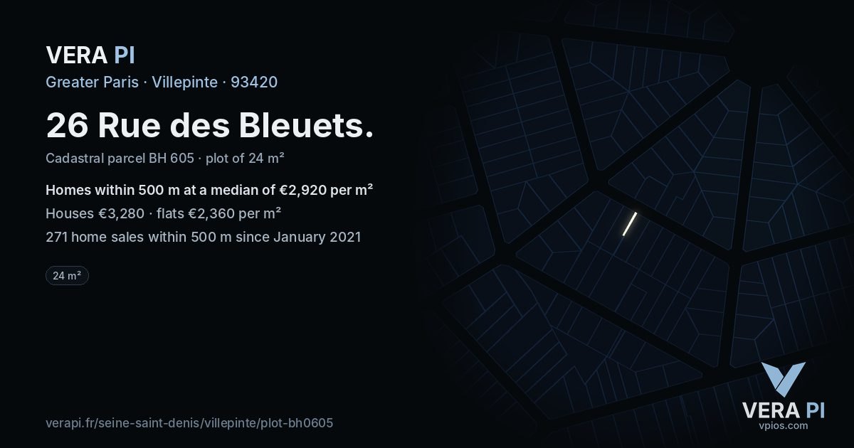 26 Rue des Bleuets, Villepinte at night – the plot lit, the parcels around coloured by the prices near them