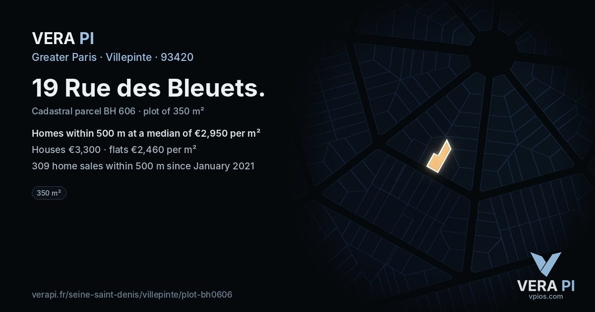 19 Rue des Bleuets, Villepinte at night – the plot lit, the parcels around coloured by the prices near them